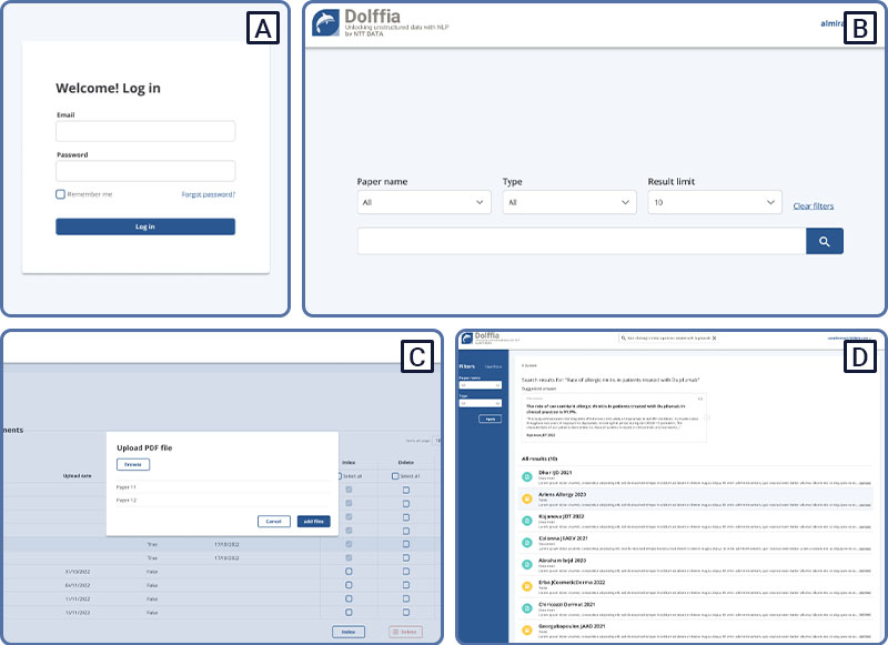 Figure 3. Web App. (A) Login page. (B) Search engine, with functionalities to filter by paper, type (text or table) and change the number of results shown). (C) Backoffice for uploading and processing documents.